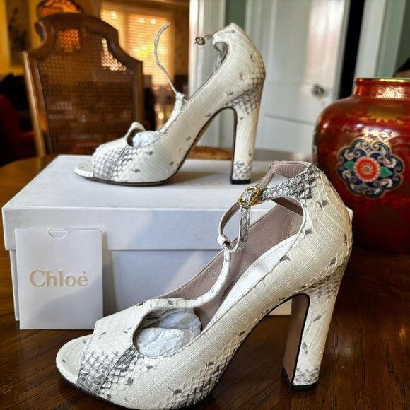 Chloé Ivory Python T-Strap Chunky Heel Shoes, Size 6 – EUC in Original Box - Picture 2 of 14